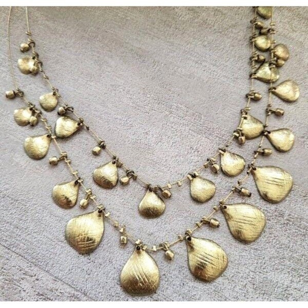Vintage Coldwater Creek Goldtone 2-Strand 20" Necklace‎ Textured Teardrop Dangle